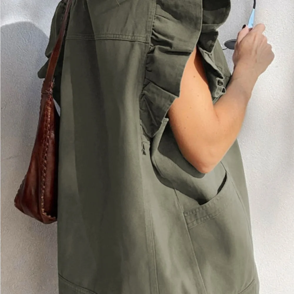 Amber- Ruffled Olive Green Denim Vest - Picture 3 of 4